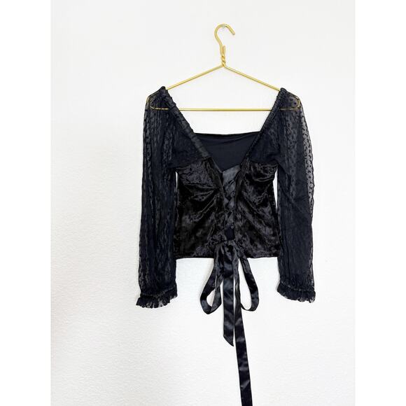 Anthropologie Porridge Black Velvet Lace Up Back Top Small Swiss Dot Puff Sleeve - Picture 11 of 12